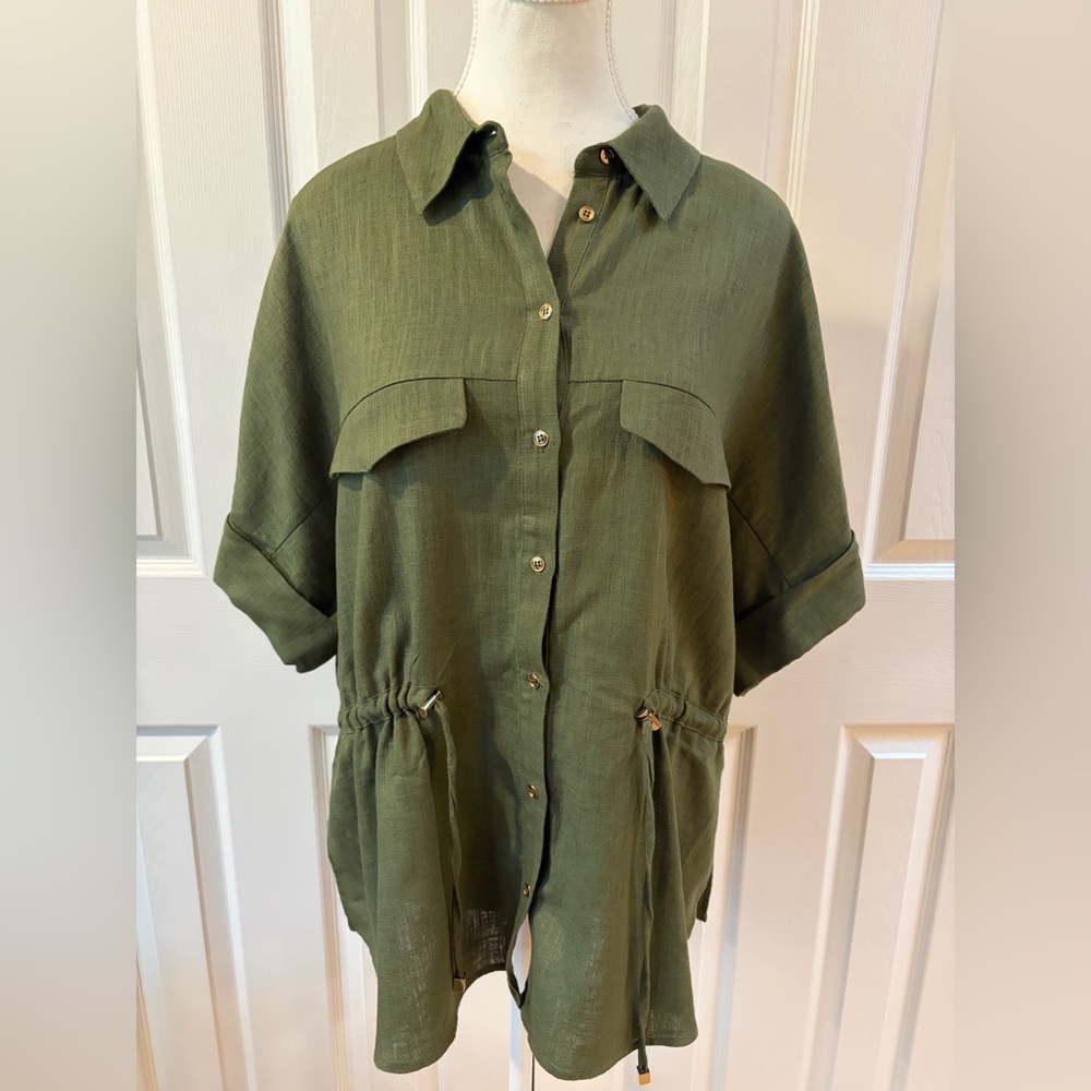 Zara Olive Green Safari Button Up Short Sleeve Linen Cinch Waist Jacket Size L